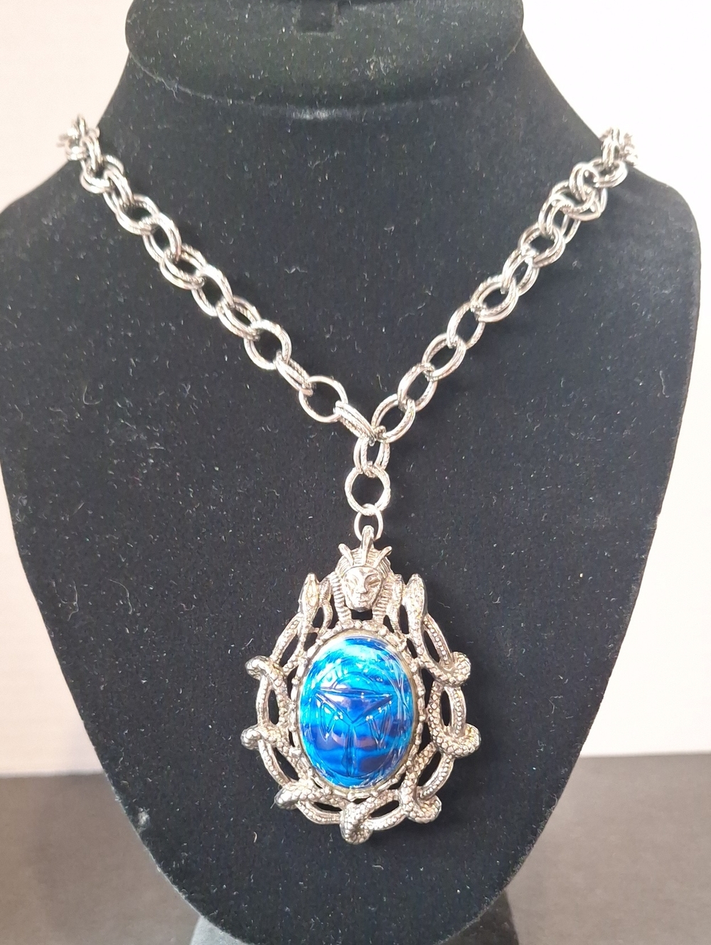 Egyptian Revival Silver-tone Blue  Pendant Necklace